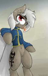 Size: 1920x3035 | Tagged: safe, artist:blvckmagic, oc, oc only, oc:cella, pony, fallout equestria, belly button, bipedal, bipedal leaning, cigarette, clothes, jumpsuit, leaning, smoking, solo, vault suit