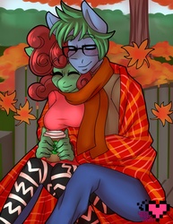Size: 989x1280 | Tagged: safe, artist:ladypixelheart, oc, oc only, oc:software patch, oc:windcatcher, anthro, autumn, blanket, breasts, clothes, coffee, female, food, male, oc x oc, scarf, shared clothing, shared scarf, shipping, snuggling, straight, windpatch