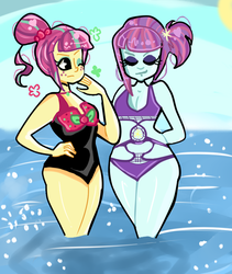 Size: 760x901 | Tagged: dead source, safe, artist:pandanx12, sour sweet, sunny flare, ask the shadowbolts, equestria girls, g4, my little pony equestria girls: friendship games, arm behind back, beach, bikini, cleavage, clothes, crystal prep academy, crystal prep shadowbolts, duo, duo female, eyes closed, female, swimsuit, water, wink