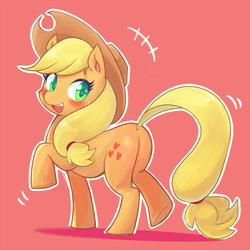 Size: 850x850 | Tagged: safe, artist:denkiketoru, applejack, earth pony, pony, g4, blushing, butt, cute, female, hat, jackabetes, mare, open mouth, plot, red background, simple background, solo