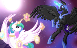 Size: 1600x1000 | Tagged: safe, artist:amazing-artsong, nightmare moon, princess celestia, alicorn, pony, g4, elements of harmony, fight, full moon, glowing, glowing horn, horn, moon, this will end in banishment