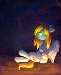 Size: 1024x1252 | Tagged: safe, artist:ghst-qn, oc, oc only, pegasus, pony, bandage, ear fluff, fangs, female, floppy ears, frown, looking down, mare, sitting, solo