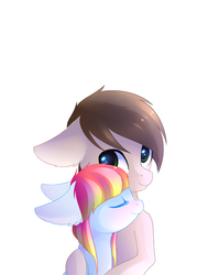 Size: 992x1388 | Tagged: safe, artist:ghst-qn, oc, oc only, oc:melon-drop, pony, blushing, eyes closed, female, floppy ears, hug, looking at you, male, mare, oc x oc, shipping, simple background, smiling, stallion, straight