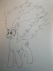 Size: 3216x4288 | Tagged: safe, artist:scribblepwn3, pinkie pie, earth pony, pony, g4, the mane attraction, female, frizzy hair, messy mane, monochrome, pen drawing, solo, traditional art