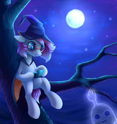 Size: 3571x3781 | Tagged: safe, artist:ghst-qn, oc, oc only, ghost, pony, 3ds, cape, clothes, female, full moon, gamer, glasses, grin, hat, hi-five ghost, high res, looking at you, looking down, male, mare, moon, night, outdoors, regular show, sitting, sitting in a tree, smiling, solo, stars, tree, tree branch, witch