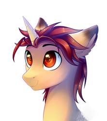 Size: 994x1126 | Tagged: safe, artist:ghst-qn, oc, oc only, oc:brain smyth, pony, unicorn, bust, ear fluff, looking up, male, simple background, smiling, solo, stallion