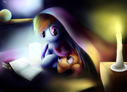 Size: 2883x2100 | Tagged: safe, artist:camyllea, rainbow dash, scootaloo, pegasus, pony, g4, bed, bedtime story, blanket, book, candle, candlelight, cuddling, cute, female, filly, foal, high res, hug, lantern, looking at each other, looking at someone, lying down, mare, night, prone, scootalove, smiling, winghug, wings
