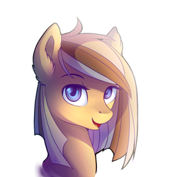 Size: 992x992 | Tagged: safe, artist:ghst-qn, oc, oc only, oc:violet delivery, pony, bust, ear fluff, eyebrows, female, looking at you, mare, open mouth, simple background, smiling, solo