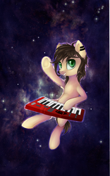 Size: 900x1440 | Tagged: safe, artist:ghst-qn, oc, oc only, earth pony, pony, ear piercing, floating, grin, keyboard, looking at you, musical instrument, piercing, raised hoof, smiling, solo, space, stars, underhoof, waving