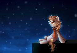 Size: 1842x1275 | Tagged: safe, artist:ghst-qn, oc, oc only, pony, clothes, female, mare, night, scarf, sitting, smiling, snow, solo, stars