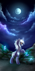 Size: 1024x2049 | Tagged: safe, artist:ghst-qn, oc, oc only, pony, unicorn, cloud, crystal, looking up, moon, night, signature, sky, solo, standing, stars