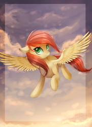 Size: 1024x1413 | Tagged: safe, artist:ghst-qn, oc, oc only, oc:ricky, pegasus, pony, cloud, female, floppy ears, flying, looking at you, mare, signature, sky, solo