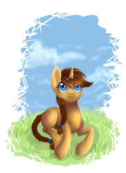 Size: 2692x3685 | Tagged: safe, artist:ghst-qn, oc, oc only, oc:vird-gi, oc:virginia, pony, unicorn, :3, braid, cloud, cute, female, grass, high res, horn, looking up, mare, prone, sky, smiling, solo, unicorn oc