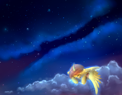 Size: 1024x797 | Tagged: safe, artist:ghst-qn, oc, oc only, oc:solweig, alicorn, pony, cloud, eyes closed, lying down, night, signature, sleeping, solo, space, stars
