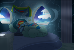 Size: 1280x862 | Tagged: safe, artist:madacon, rainbow dash, pegasus, pony, g4, bedroom, female, mare, rainbow dash's bedroom, scenery, sleeping, solo