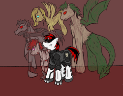 Size: 1528x1184 | Tagged: safe, artist:maniakmonkey, oc, oc only, oc:blackjack, oc:deus, oc:gorgon, oc:psychoshy, oc:rampage, cyborg, pony, unicorn, fallout equestria, fallout equestria: project horizons, amputee, cybernetic legs, level 1 (project horizons)