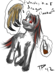 Size: 768x1024 | Tagged: safe, artist:juleppony, oc, oc only, oc:blackjack, pony, unicorn, fallout equestria, fallout equestria: project horizons, alcohol, dragon claw, food, horn, simple background, small horn, solo, whiskey, white background