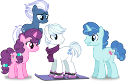 Size: 8000x5192 | Tagged: safe, artist:8-notes, double diamond, night glider, party favor, sugar belle, earth pony, pegasus, pony, unicorn, g4, the cutie map, .svg available, absurd resolution, clothes, equal four, female, floating, group, male, mare, ponyscape, quartet, scarf, simple background, skis, smiling, stallion, transparent background, vector