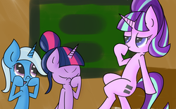 Size: 2880x1800 | Tagged: safe, artist:jeffmango, starlight glimmer, trixie, twilight sparkle, pony, unicorn, g4, alternate hairstyle, classroom, crossed legs, facehoof, female, mare, smug, traplight