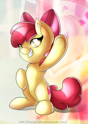 Size: 600x841 | Tagged: safe, artist:ikuvaito, apple bloom, g4, cutie mark, female, pose, raised hoof, solo, the cmc's cutie marks, underhoof