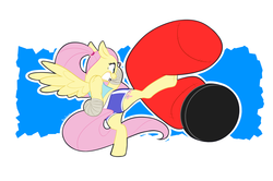 Size: 1024x679 | Tagged: safe, artist:petalierre, fluttershy, semi-anthro, g4, alternate hairstyle, boxing, bra, clothes, female, flutterbadass, gritted teeth, kickboxing, kicking, martial arts, muay thai, ponytail, punching bag, solo, sports bra, sports shorts, tank top, taped fists, training, workout