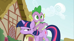 Size: 1366x768 | Tagged: safe, screencap, spike, twilight sparkle, dragon, pony, unicorn, feeling pinkie keen, g4, dragons riding ponies, duo, female, grumpy twilight, male, mare, riding, spike riding twilight, unamused, unicorn twilight