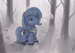 Size: 3508x2480 | Tagged: safe, artist:mrs1989, princess luna, alicorn, pony, g4, blushing, boots, breath, clothes, cute, female, filly, forest, high res, lunabetes, scarf, snow, snowfall, solo, tree, winter, woona