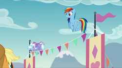 Size: 1920x1080 | Tagged: safe, screencap, applejack, cloudchaser, rainbow dash, g4, the mane attraction, flag, mouth hold