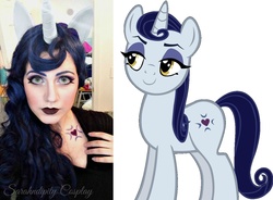 Size: 1302x958 | Tagged: safe, artist:sarahndipity cosplay, screencap, moonlight raven, human, pony, unicorn, g4, boobie mark, clothes, cosplay, costume, dress, female, irl, irl human, mare, photo, simple background, vector, white background