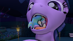 Size: 1280x720 | Tagged: safe, artist:blueblaze95, princess celestia, twilight sparkle, pony, g4, 3d, female, fetish, macro, mare, open mouth, preylestia, source filmmaker, throat bulge, twipred, vore