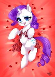 Size: 2677x3750 | Tagged: dead source, safe, artist:bjorn-bi, rarity, pony, unicorn, g4, bed, belly button, clothes, cute, female, high res, looking at you, on back, raribetes, rose petals, see-through, solo, sparkles
