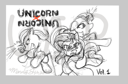 Size: 1196x790 | Tagged: safe, artist:tehmangabrony, sunset shimmer, trixie, twilight sparkle, pony, g4, anime, magic, manga, monochrome, parody, sketch, wip