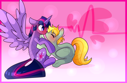Size: 1600x1052 | Tagged: safe, artist:woogiegirl, twilight sparkle, alicorn, pony, spiders and magic: rise of spider-mane, g4, blushing, crossover, crossover shipping, female, gwen stacy, kissing, lesbian, male, mare, ponified, shipping, spider-gwen, spider-man, spiders and magic iv: the fall of spider-mane, twigwen, twilight sparkle (alicorn)