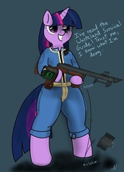 Size: 290x400 | Tagged: safe, artist:nuka-kitty, twilight sparkle, pony, semi-anthro, g4, bipedal, blatant lies, clothes, clumsy, crossover, fallout, female, funny, gun, hoof hold, jumpsuit, pipboy, shotgun, solo, this will end in tears, vault suit, weapon