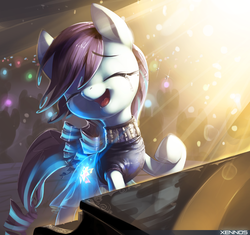 Size: 1168x1100 | Tagged: safe, artist:xennos, coloratura, earth pony, pony, g4, season 5, the mane attraction, clothes, crowd, crying, cute, cutie mark, eyes closed, female, glowing cutie mark, heartwarming, mare, musical instrument, open mouth, piano, raised hoof, rara, rarabetes, scene interpretation, singing, smiling, solo, sweet dreams fuel, tears of joy, the magic inside