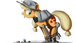 Size: 2500x1429 | Tagged: safe, artist:ncmares, applejack, rainbow dash, earth pony, pegasus, pony, g4, armor, at-at, bondage, clothes, costume, crossover, cute, dashabetes, eyes closed, frown, giant pony, gritted teeth, halloween, halloween costume, helmet, hogtied, holiday, jackabetes, looking back, macro, mouth hold, ncmares is trying to murder us, nightmare night, nose wrinkle, open mouth, pumpkin, raised leg, simple background, size difference, smiling, snowspeeder, star wars, tied up, white background, wide eyes