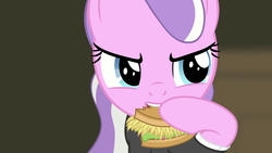 Size: 1450x816 | Tagged: safe, artist:bootsyslickmane, diamond tiara, g4, burger, clothes, eating, food, hay burger, hoof hold, movie reference, pulp fiction, simple background, suit