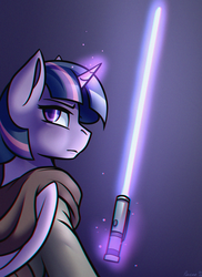 Size: 1024x1408 | Tagged: safe, artist:whitepone, twilight sparkle, alicorn, pony, g4, chromatic aberration, crossover, female, jedi, lightsaber, mare, solo, star wars, twilight sparkle (alicorn), weapon