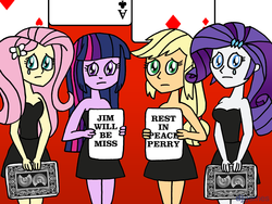 Size: 1600x1200 | Tagged: safe, artist:djgames, applejack, fluttershy, rarity, twilight sparkle, equestria girls, g4, card sharks, clothes, dress, game show, hatless, jim perry, missing accessory, sad