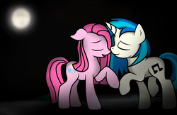 Size: 1580x1024 | Tagged: safe, artist:pinkamenascratch, dj pon-3, pinkie pie, vinyl scratch, pony, g4, duo, female, lesbian, shipping, vinylpie