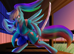 Size: 1024x745 | Tagged: safe, artist:mirrorandimage, rainbow dash, pony, g4, female, katana, samurai, solo, sword, weapon