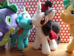 Size: 4128x3096 | Tagged: safe, artist:satokit, snails, snips, spike, oc, oc:smudge proof, dragon, pony, unicorn, g4, clothes, colt, commission, group, irl, male, photo, plushie, present, quartet, stallion