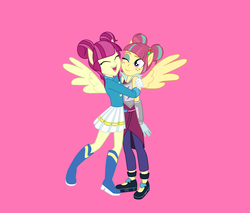 Size: 1600x1362 | Tagged: safe, artist:theshadamyartisto10, majorette, sour sweet, sweeten sour, equestria girls, g4, my little pony equestria girls: friendship games, background human, boots, headcanon, hug, long lost sisters, love, ponied up, shoes, sisters, sweetly and sourly