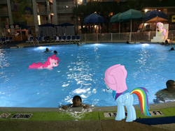 Size: 1024x768 | Tagged: dead source, safe, artist:davidsfire, artist:kooner-cz, artist:mr-kennedy92, artist:patec, fluttershy, pinkie pie, rainbow dash, human, pony, g4, chair, eyes closed, hotel, irl, irl human, night, no diving, photo, ponies in real life, swimming, swimming pool, table, towel, umbrella, vector