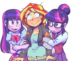 Size: 856x733 | Tagged: dead source, safe, artist:jirousan, sci-twi, sunset shimmer, twilight sparkle, human, equestria girls, equestria girls (movie), friendship games, blushing, counterparts, cute, duality, female, glasses, lesbian, magical trio, polyamory, scitwishimmer, shimmerbetes, shipping, simple background, sunset twiangle, sunsetsparkle, this will end in polygamy, trio, twiabetes, twilight sparkle (alicorn), twilight's counterparts, twolight, white background