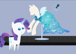 Size: 693x492 | Tagged: safe, artist:agrol, rarity, canterlot boutique, g4, season 5, animated, assembly line, barcode, clothes, dress, female, frown, pointy ponies, princess dress, simple background, solo, stamp