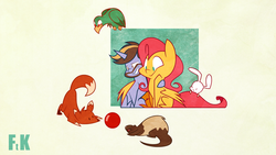 Size: 2083x1172 | Tagged: safe, artist:fluttershythekind, fluttershy, oc, ferret, fox, parrot, rabbit, g4, ball, commission