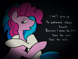 Size: 1024x768 | Tagged: safe, artist:pinkamenascratch, dj pon-3, pinkie pie, vinyl scratch, pony, g4, duo, female, lesbian, shipping, vinylpie