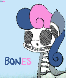 Size: 442x521 | Tagged: safe, artist:fuzzy-maiden, bon bon, sweetie drops, g4, bone, bonpun, female, puns in the comments, skeleton, solo, style emulation, traditional art