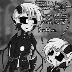 Size: 726x726 | Tagged: safe, artist:tjpones, oc, oc only, oc:e-one, cyborg, human, pony, black sclera, female, grayscale, human ponidox, monochrome